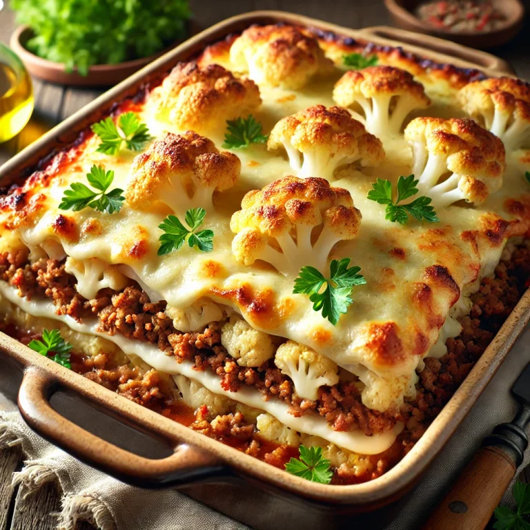 Layered cauliflower with ground meat and cheese served on a plate