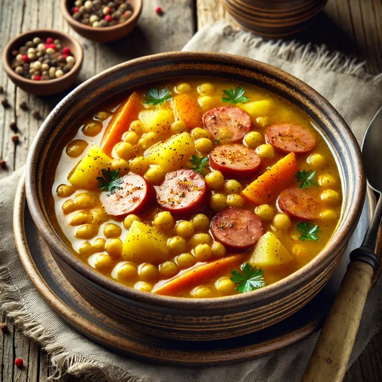 Yellow split pea soup served with smoked sausage and fresh parsley