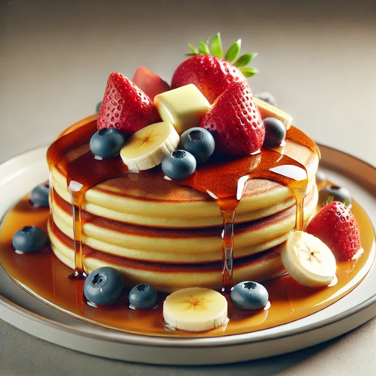 Hotcake served with maple syrup and fruit