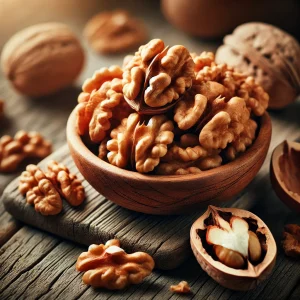The image shows only the edible part of the walnut: peeled walnut kernel pieces in a wooden bowl and scattered on a rustic surface.