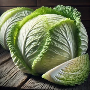The picture shows a whole and a halved cabbage on a rustic wooden table, illuminated by natural light.