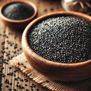 The picture shows black sesame seeds in a wooden bowl, with some seeds scattered around it, in a rustic kitchen environment.