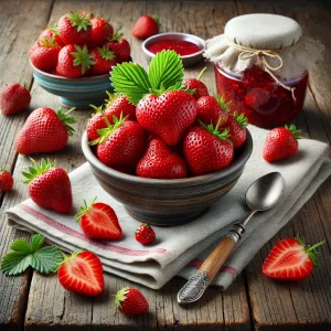 The picture shows fresh strawberries arranged in a bowl and on a table, whole and halved, next to homemade strawberry jam and a spoon in natural lighting.