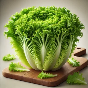 The picture shows fresh frisée lettuce (chicory) with curly green leaves, neatly arranged on a cutting board.