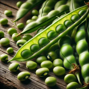 The picture shows fresh fava beans: thick green pods and bright green, shelled beans in natural light, against a wooden backdrop.