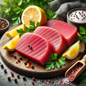 Fresh, deep pink tuna steaks on a wooden cutting board, surrounded by lemon slices, sea salt, pepper and parsley.