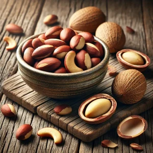The picture shows Brazil nuts, both shelled and unshelled, in a small bowl and scattered on a wooden surface, under natural lighting.