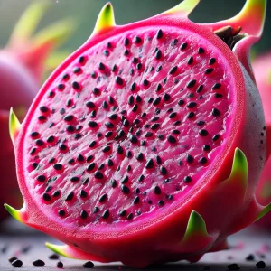 The picture shows the red-fleshed pulp of dragon fruit, which are rich pink and speckled with black seeds.