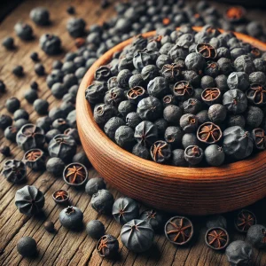 The picture shows dried juniper berries on a wooden surface, in a small bowl and scattered, in natural lighting.