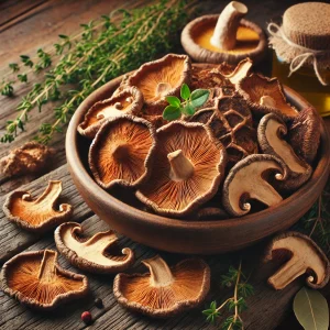Dried mushrooms in a ceramic bowl and scattered on a rustic wooden table, supplemented with thyme, bay leaf, and olive oil.