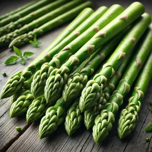 The image shows fresh green asparagus with the elegant appearance of cleaned spears on a rustic wooden surface.